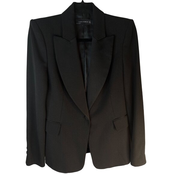 ZARA Small Jet Black Tuxedo Style Blazer Wool Blend Tailored Jacket One Button - Picture 9 of 15